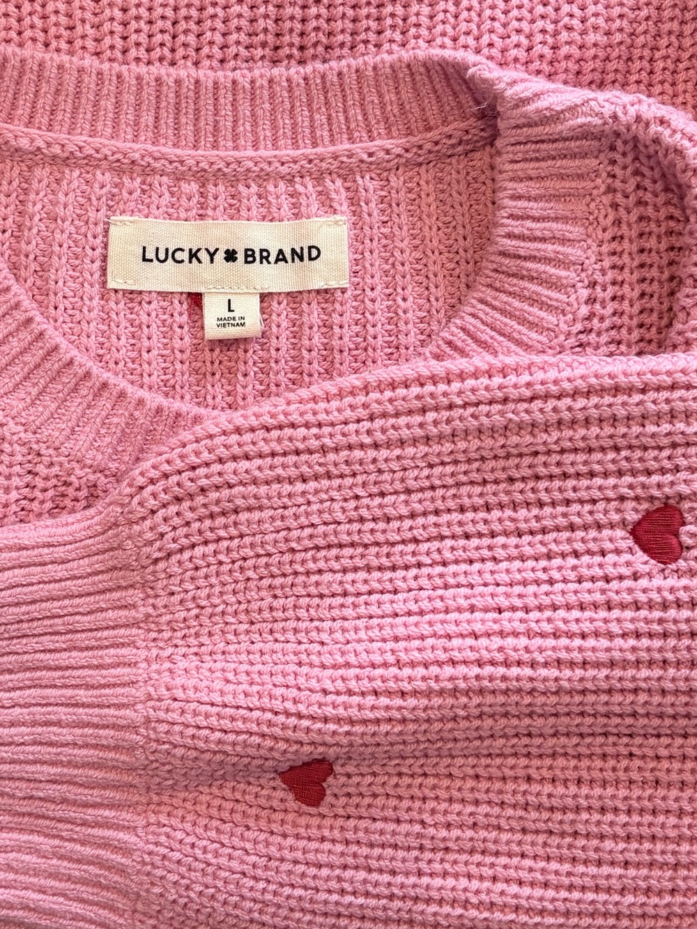 New Lucky Brand pink-red embroidered hearts Sweater L - Picture 5 of 5